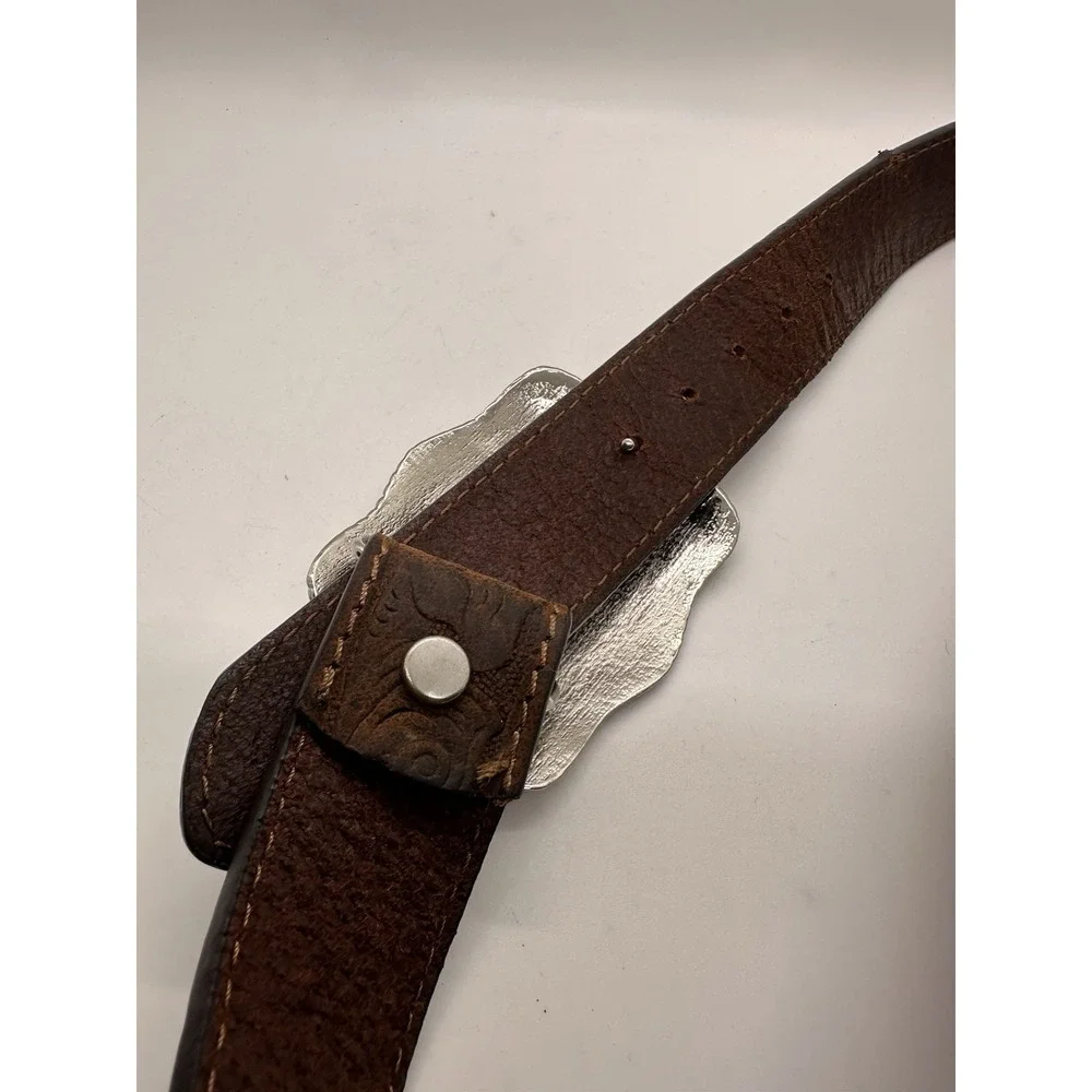 Kids Western Tooled Brown Leather Belt Bull‎ Rider Silver Gold Buckle Cowboy 29